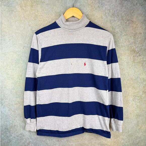VTG 90s Polo Ralph Lauren Turtleneck Youth Sz L Striped Gray Blue - Picture 1 of 8